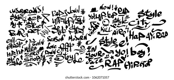 Many graffiti tags on a white background. Vector art.