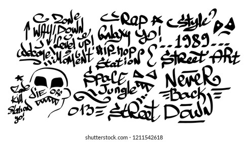 Many graffiti tags on a white background. Vector art.