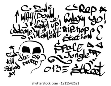Many graffiti tags on a white background. Vector art.
