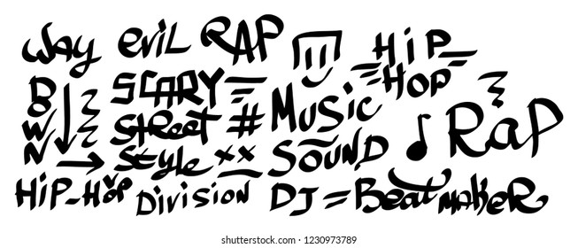 Many graffiti tags on a white background. Vector art