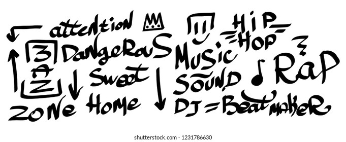 Many graffiti tags on a white background. Vector art