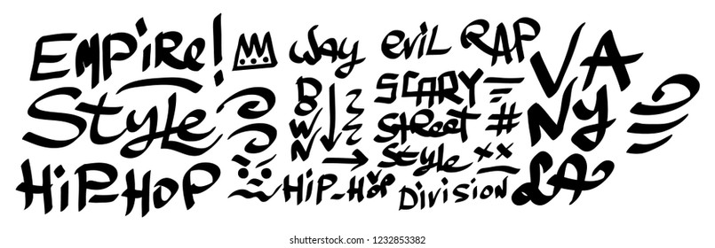 Many graffiti tags on a white background. Vector art