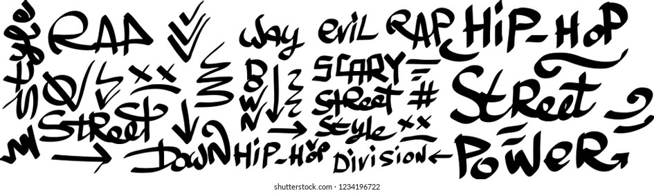 Many graffiti tags on a white background. Vector art