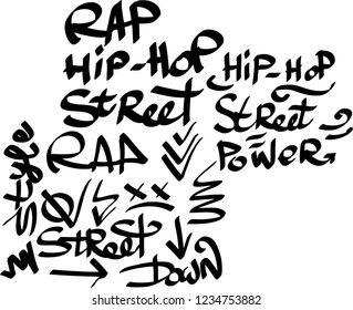Many graffiti tags on a white background. Vector art