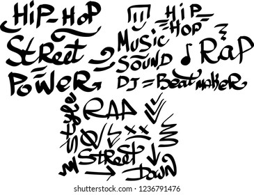 Many graffiti tags on a white background. Vector art