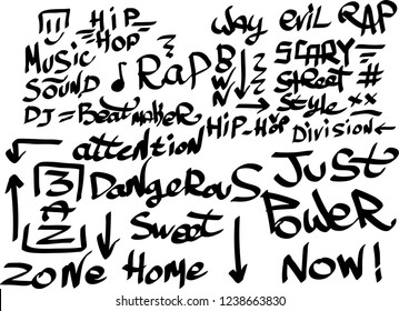 Many graffiti tags on a white background. Vector art