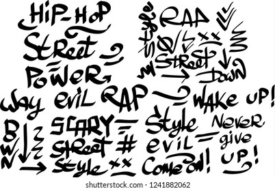Many graffiti tags on a white background. Vector art