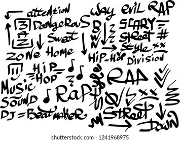 Many graffiti tags on a white background. Vector art