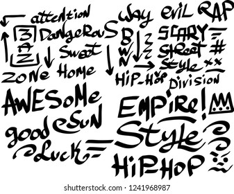 Many graffiti tags on a white background. Vector art