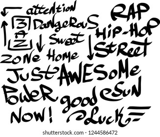 Many graffiti tags on a white background. Vector art