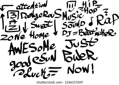 Many graffiti tags on a white background. Vector art
