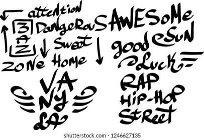 Many graffiti tags on a white background. Vector art