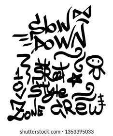 Many graffiti tags on a white background. Vector art.