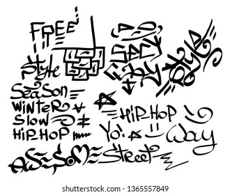 Many graffiti tags on a white background. Vector art.