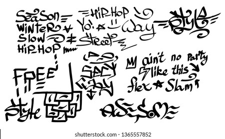 Many graffiti tags on a white background. Vector art.