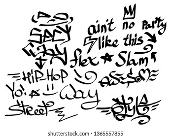 Many graffiti tags on a white background. Vector art.