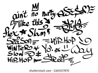 Many graffiti tags on a white background. Vector art.
