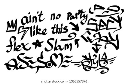 Many graffiti tags on a white background. Vector art.