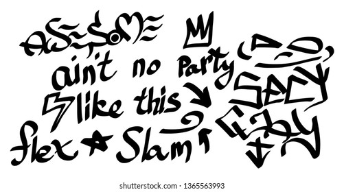 Many graffiti tags on a white background. Vector art.