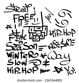 Many graffiti tags on a white background. Vector art.