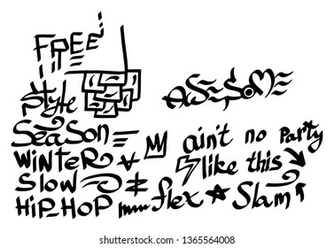 Many graffiti tags on a white background. Vector art.