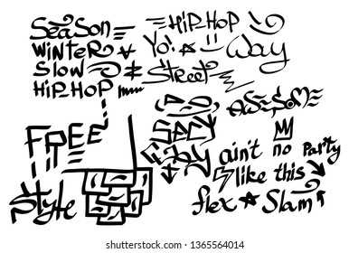 Many graffiti tags on a white background. Vector art.