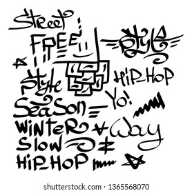 Many graffiti tags on a white background. Vector art.