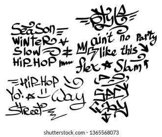 Many graffiti tags on a white background. Vector art.
