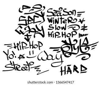 Many graffiti tags on a white background. Vector art.