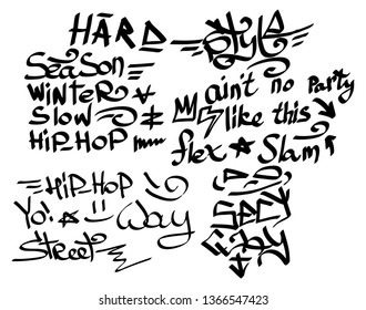 Many graffiti tags on a white background. Vector art.