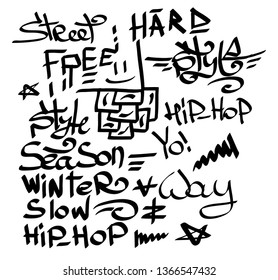 Many graffiti tags on a white background. Vector art.