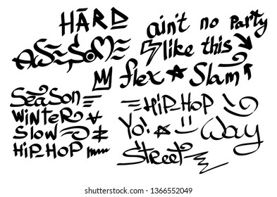 Many graffiti tags on a white background. Vector art.