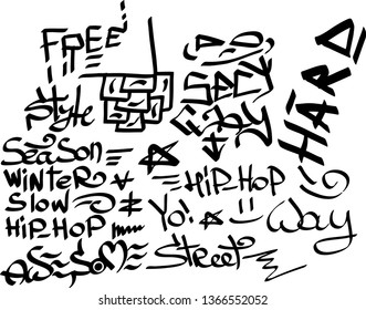 Many graffiti tags on a white background. Vector art.