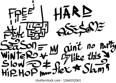 Many graffiti tags on a white background. Vector art.