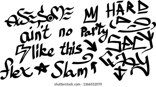 Many graffiti tags on a white background. Vector art.
