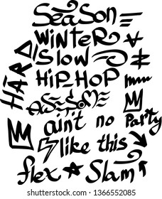 Many graffiti tags on a white background. Vector art.