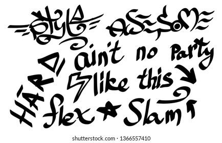 Many graffiti tags on a white background. Vector art.