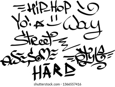 Many graffiti tags on a white background. Vector art.