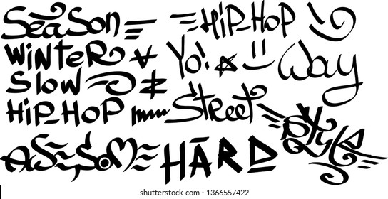 Many graffiti tags on a white background. Vector art.