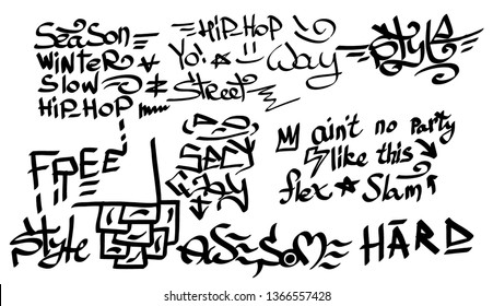 Many graffiti tags on a white background. Vector art.