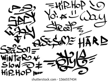 Many graffiti tags on a white background. Vector art.