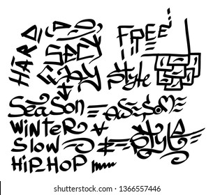 Many graffiti tags on a white background. Vector art.