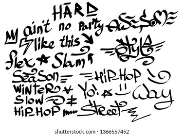 Many graffiti tags on a white background. Vector art.