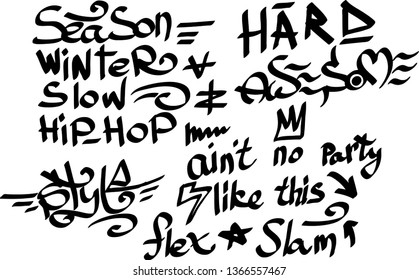 Many graffiti tags on a white background. Vector art.