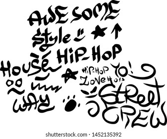 Many graffiti tags on a white background. Vector art.