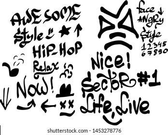Many graffiti tags on a white background. Vector art.