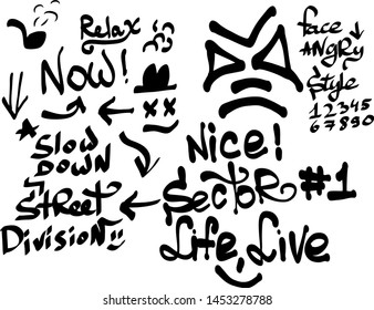 Many graffiti tags on a white background. Vector art.