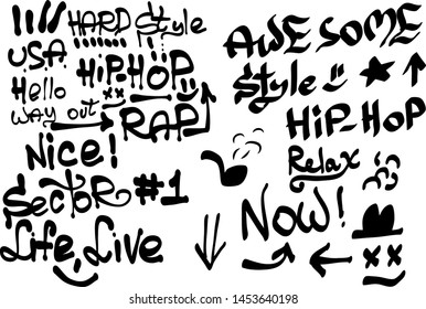 Many graffiti tags on a white background. Vector art.