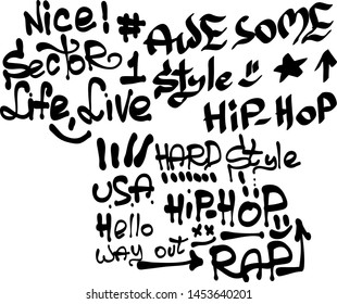 Many graffiti tags on a white background. Vector art.