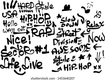 Many graffiti tags on a white background. Vector art.